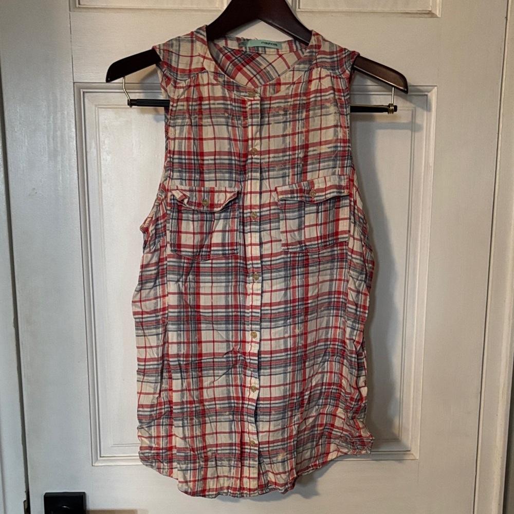 Sleeveless Plaid Button-Up Shirt American 4th of July Farm